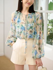 เสื้อเชิ้ตไหมแขนยาวผู้หญิงสไตล์ฝรั่งเศส ชุดสองชิ้น ชุดราตรีฤดูร้อน หวานๆ แหวกตา คอวี แขนยาว เสื้อผ้าทำงาน