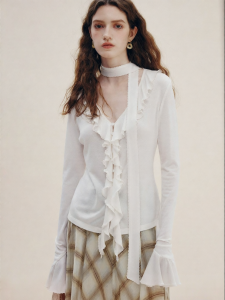 FAMANXUAN | French Style Ruffle Belted V-Neck Flare Sleeve Knitwear