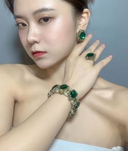 Hoa Tai Ngọc Bích Xanh Lá Cây Lớn Thời Trang Cho Nữ Ba Món Trang Sức Thời Trang Hợp Kim Bạc Vàng Hoa Lá Cây Mới Về