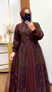 Denara Dress Ceruty Babydoll Mix Brukat Aplikasi Swarovski Brokat outer Gamis Wanita Terbaru 2025 Lebaran Viral Kekinian Dress Kondangan wanita dewasa mewah gaun pesta elegan gamis burgundy coklat mahogany terbaru 2025 dress sultan model mewah
