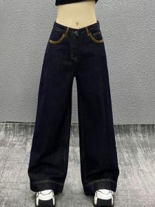 High Waist Wide Leg Denim Jeans Womens Autumn New Style Pocket Design Washed out Color Block Slimming Straight Cut Trousers