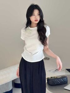 Unique Design Heavy Embellished Butterfly Knot Short Sleeve T-Shirt Womens Summer Fashion Slim Fit Wrinkle Versatile Top