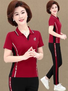Mothers Wear Summer Short Sleeve Middle-Aged Womens Sportswear Suit Female Summer Middle-Aged and Elderly 40 Years Old 50 plus Size Two-Piece Suit
