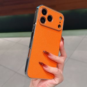 Business Orange Litchi Leather Large Window Phone Case For iPhone 17 Air 16 15 14 13 12 11 Pro Max Plus Matte Shockproof Cover