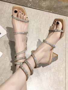 Summer 2025 Womens Fairy Style Versatile Korean Fashion Rhinestone Thick Heel Snake Wrap Roman Shoes Breathable Open-Toe Sandals