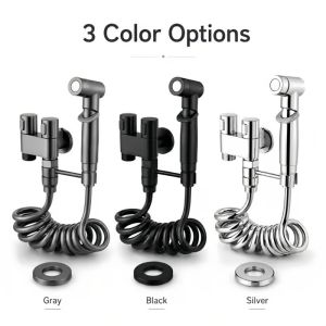 Toilet Bidet Spray Gun Kit Dual Control Angle Valve Zinc Alloy Electroplated with Retractable Hose and Holder for Bathroom Floor Cleaning