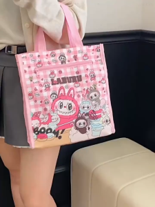 COLOGO 🥇 Cute Labubu Handbag Large Capacity Portable Waterproof A4 Paper Size Double-layer Student Bag