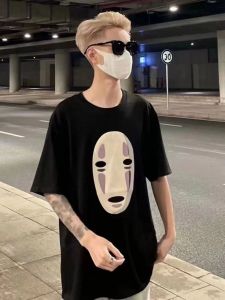 Summer 2023 Trendy Ghost Face Short Sleeve Mens T-shirt Faceless Cartoon Design Casual Loose Fit Daily Wear for Teens