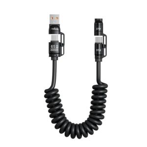 Aitemay 240W 4‑in‑1 Retractable Spring Car Charging Data Cable Multi‑Interface USB‑C Fast Charging Cord Compatible for IOS Android Support CarPlay Data Sync Anti‑Tangled Auto‑Retract Car Cable for Vehicle Daily Use