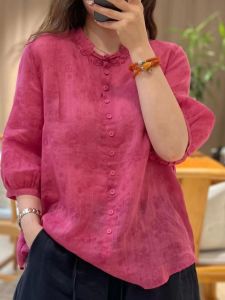 Cotton Linen Shirt Womens Summer Thin Anti-aging Mom Small Shirt Slimming Breathable Top Seven-sleeve Button-up Casual Wear