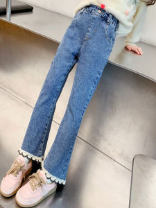 กางเกงยีนส์เด็กผู้หญิง กางเกงขายาวลำลอง ฤดูใบไม้ผลิและฤดูใบไม้ร่วง กางเกงขายาวทรงขาบาน สำหรับเด็กวัยกลางคนและวัยโต