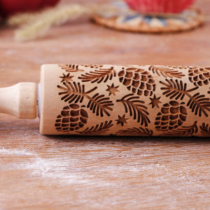 1pc 13.7in Wooden Pine Cones Pattern Embossed Rolling Pin For Kitchen Pastry Baking Tools Bee Deep Engraving Cookies Stamp Tool