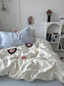 Dopamine Wave Dot Heart Towel Embroidery Bedding Set Dormitory Washed Cotton Quilt Cover Single Bed Sheet Three Piece Set