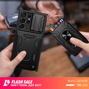 🇹🇭Ekcam 2025 ช่องเสียบบัตรแบบถอดได้ รูปแบบใหม่ 3in1 เคส การออกแบบหน้าต่างบานเลื่อน  for SAMSUNG GALAXY S21 S22 S23 S24 FE PLUS ULTRA ชุบกันกระแทก พับได ที่วางโทรศัพท์ม phone case เคส กันกระแทก กล้อง PHONE case สีดำ สีเทา สีชมพู สีขาว