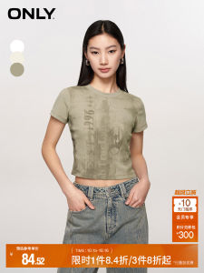 Only Summer Casual Fashion Retro Print Ribbed Short Sleeve T-Shirt Womens round Neck Slim Fit Short Length Viscose Cotton Blend