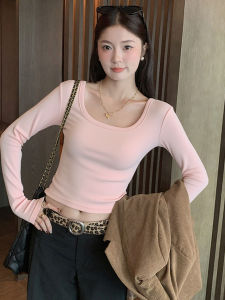 Áo Thun Nữ Tay Dài Cổ Vuông Màu Hồng Thời Trang Thu Đông Thiết Kế Ôm Vừa Vặn Cổ Tròn Cotton Pha Trộn Thường Ngày