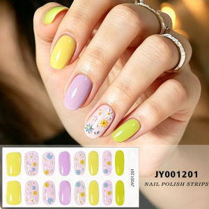 16tips Cute Cartoon Cat Nail Polish Strips Multicolor Checker Heart Animal Pattern Nails Art Stickers Semi-Cured Manicure Decals