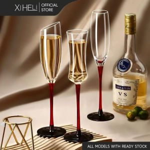 แก้วไวน์ แก้วแชมเปญ Champagne glass 2 ชิ้น การออกแบบก้านถ้วยสีแดง แก้วคริสตัลไร้สารตะกั่วกุณโฑ แก้วไวน์อัดลม