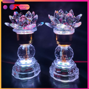 [GIÁ 1 CẶP] Cặp đèn thờ pha lê hoa sen sáng từ chân đến ngọn đèn Đèn trang trí tủ thờ quan âm Phật Tổ Tam Ba vị Thánh (Pha lê 22)