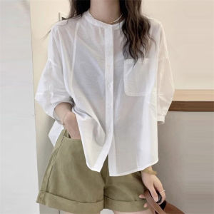 เสื้อเชิ้ตคอโปโลแขนสั้นสไตล์เกาหลีสำหรับผู้หญิง ทรงหลวม แขนกุด สีขาว ทรงเข้ารูป ฤดูร้อน 2024 เสื้อผ้าทำงาน