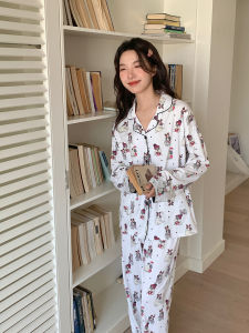 ชุดนอนผู้หญิงแขนยาวผ้าฝ้ายแท้ลายการ์ตูนสุดน่ารัก ชุดสองชิ้น ฤดูใบไม้ผลิและฤดูใบไม้ร่วง ชุดนอนผู้หญิง