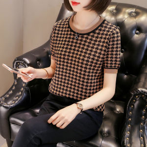 LUCKIN STORE Womens Short Sleeve Knits T-shirt Korean Round Neck Sweater Color-blocking 2023 New Summer Tops