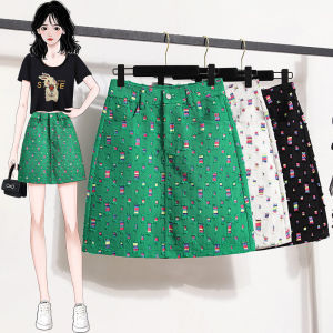 High-Waist A-Line Denim Short Skirt for Plus Size Women Summer 2023 New Arrival with Printed and Ripped Details