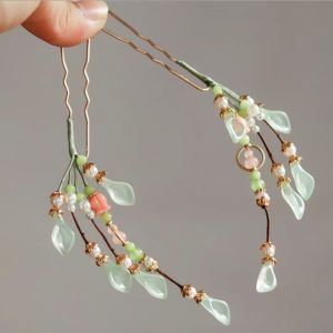 Green Simple Ancient Chinese Style Hairpin Headwear Accessory Fresh Style U-Shaped Hairpin Versatile Hair Accessories