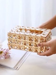 Kotak Tissue Kristal/Kotak Tisu / Kotak Penyimpanan Meja / Kotak Tisu Kristal Mewah Ringan / Tempat Tisu Kaca Manik /Kotak Tisu Emas Kreatif UK 20x12x10 cm