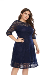 Plus Size Contrast Lace Semi Sheer 3/4 Sleeve Midi Dress Womens Plus Slight Stretch Elegant Midi Dress