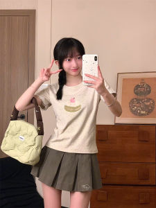 Cute Cartoon Cake Embroidery Short Sleeve T-Shirt Womens Slim Fit Shoulder Line Ins Style Lace Trim Cuff Creative Pattern Cotton