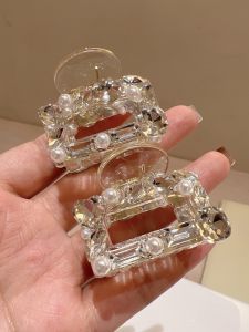 Ice Transparent Heavy Industry Shiny Rhinestone Pearl Square Small Hair Grabbing Clip K-style Elegant Fringe Hairpin Western Style Fashion Hair Claw