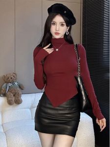 Red Christmas Themed Long Sleeve Fleece Lined Thickened Base Layer Shirt T-Shirt Half High Collar Womens Inner Wear Top