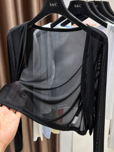 เสื้อคาร์ดิแกนเปิดผ้าไหมน้ำแข็งสีดำ ทรงหลวม แขนยาว ผ้าโปร่ง ลูกไม้ ผ้าโปร่ง สำหรับผู้หญิง ฤดูร้อน 2024 แฟชั่นสุดหรู