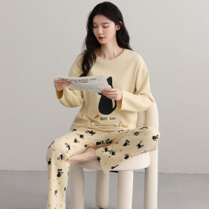 Miiow | Pure Cotton Sleepwear Womens Spring Autumn Style Long Sleeve Home Clothes Can Be Worn Outside Round Neck Design Casual Style