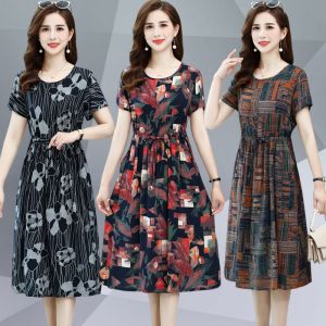 Váy Ngắn Tay Bằng Lụa Cotton Mùa Hè Cho Phụ Nữ Trung Niên Và Cao Tuổi Dáng Rộng Dài Đến Đầu Gối Họa Tiết Hoa Thoải Mái Thoáng Khí