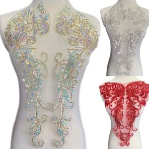 1 คู่/45*16 ซม.ดอกไม้สีขาว Rhinestone หลอดลูกปัดเลื่อมเย็บปักถักร้อย Patch เสื้อท่อนบนลูกไม้ Applique เย็บบนแพทช์สําหรับชุด