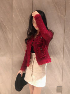 Cherry Blossom Color Short Knitted Cardigan Womens Spring Autumn Retro Tassel French Style Slimming Top round Neck Long Sleeve