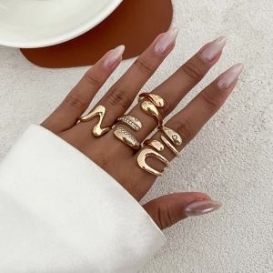Ingemark 6 Styles Vintage Irregular Rhinestone Water Drop Open Rings Women Goth Adjustable Knuckle Rings Set Couple Jewelry Men