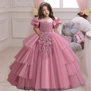 Elegant Sequin Bridesmaid Party Girl Dresses Formal Tulle Wedding Graduation Evening Prom Gown Gala Kids Birthday Princess Dress