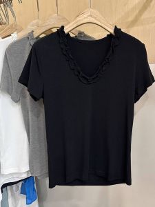 BINKAFENNY | Slimming Black Lace V-Neck Short Sleeve T-Shirt Womens Summer Loose Plus Size Versatile Cute Top For Young Adults 18-24