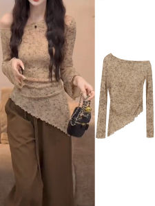 Early Autumn 2025 Gradient Dyeing One Shoulder Long Sleeve T-Shirt Wooden Edge Base Shirt Korean Style Slim Fit Womens Top