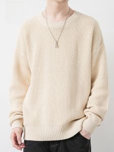 ROMON | Áo len dệt kim cổ tròn rộng rãi cho nam mùa thu thường ngày màu trơn thời trang áo lót dệt kim cotton 100% thoải mái