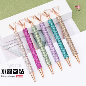 Crystal Diamond Encrusted Shiny round Pen Birthday Gift for Girls Students Korean Style Metal Pen Black Ink Non-Erasable