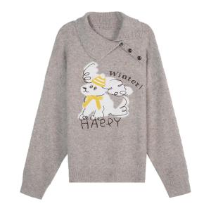 Áo Sweater Len Thêu Chó Cổ Xẻ Dây Form Rộng