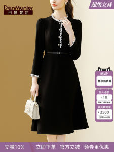 Elegant Black Long Sleeve Womens Dress Danmunier French Style Slimming Waist Design Spring 2025 Commute Suitable A-Line Skirt
