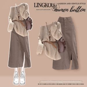 NUMEN BUTTON | Oversized Rejuvenating Asymmetric Hem Knit Top and Skirt Set Flared Denim