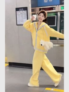 Yellow Knitted Hoodie Jacket Women Loose Lazy Style Early Autumn Fashion Set Pants Commute Style Long Sleeve High Waist