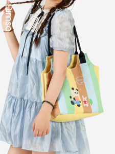 Dian House X Wo Yi Small Dog Korean Style Color Block Panda Cute Large Capacity Tote Bag for Commuting Canvas Shoulder Bag
