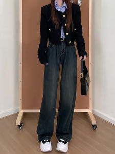 Cement Grey Wide Leg Jeans Womens Loose Straight Loose Floor-Length Pants Autumn Winter Slimming American Retro Design